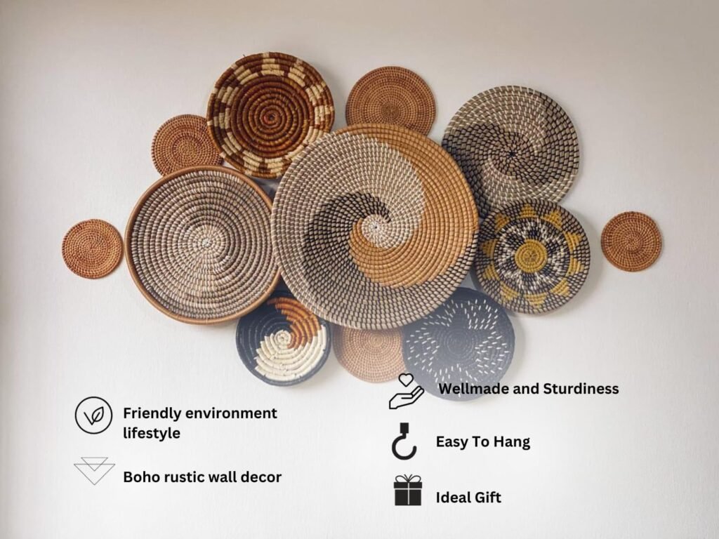 Boho Basket Wall Decor Set of 12, Handmade Wicker Wall Art