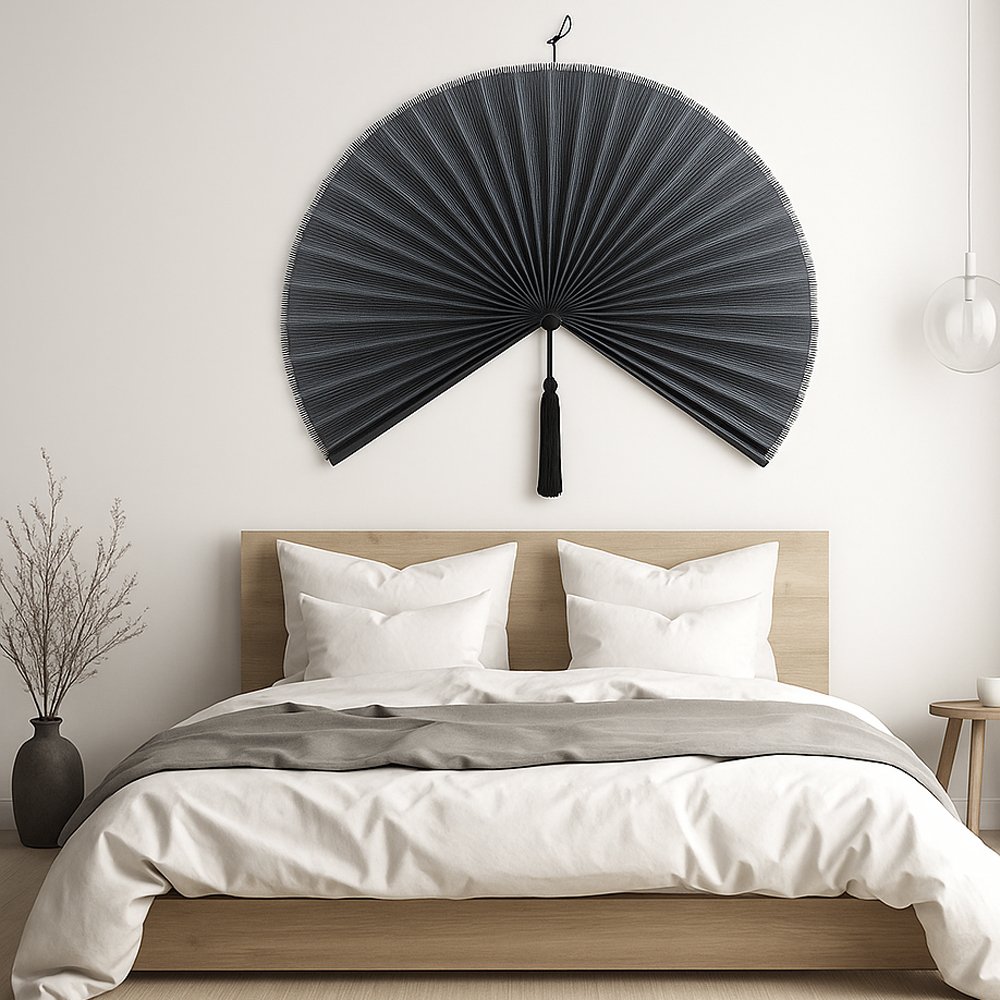 Chumdecor Dark Grey Bamboo Wall Fan, Large Wicker Folding Fan Headboard, Boho Over Bed Wall Decor style