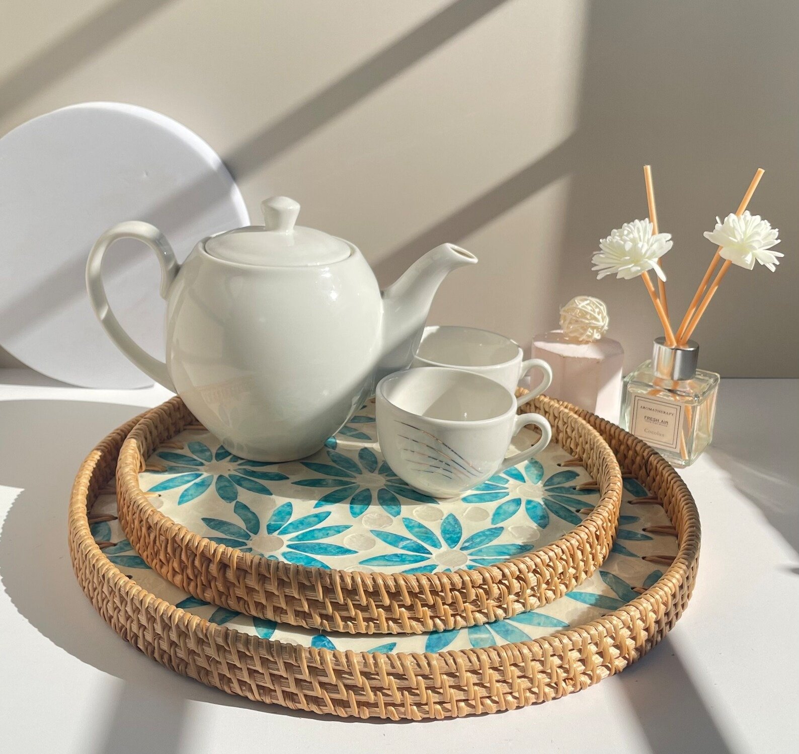 Round Rattan Mother of Pearl Tray Set, Decorative Serving Trays Blue