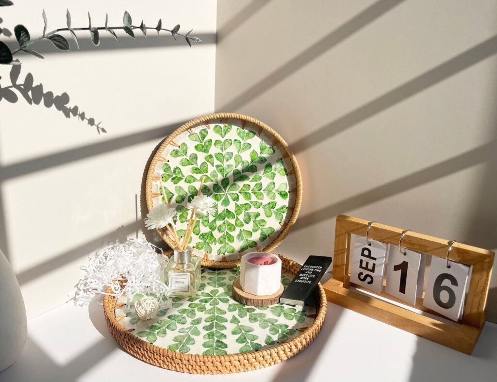 Round Rattan Tray with Mother of Pearl Inlay, Boho Decor Serving Tray Green