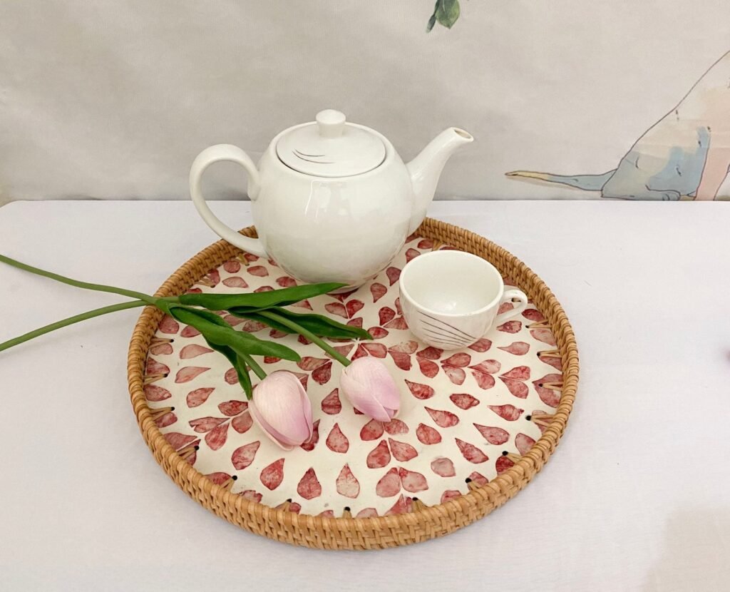 Round Rattan Tray with Mother of Pearl Inlay, Pink Floral Set, Decorative Set