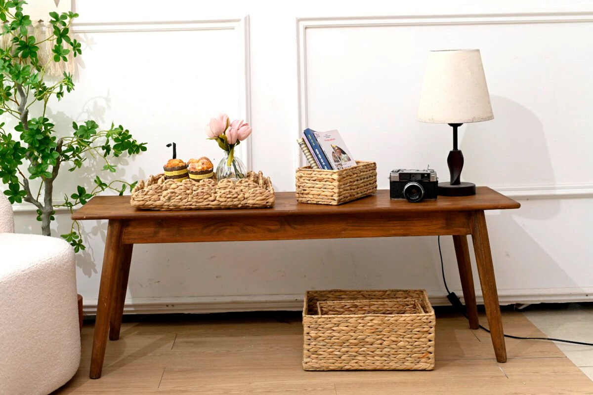 Set of 3 Rectangular Scalloped Wicker Baskets with Lids For Living Room