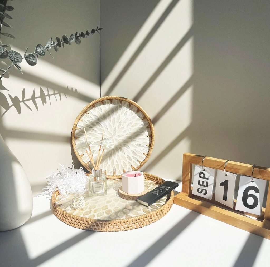 White Mandala Mother of Pearl Tray, Handmade Rattan Serving Tray