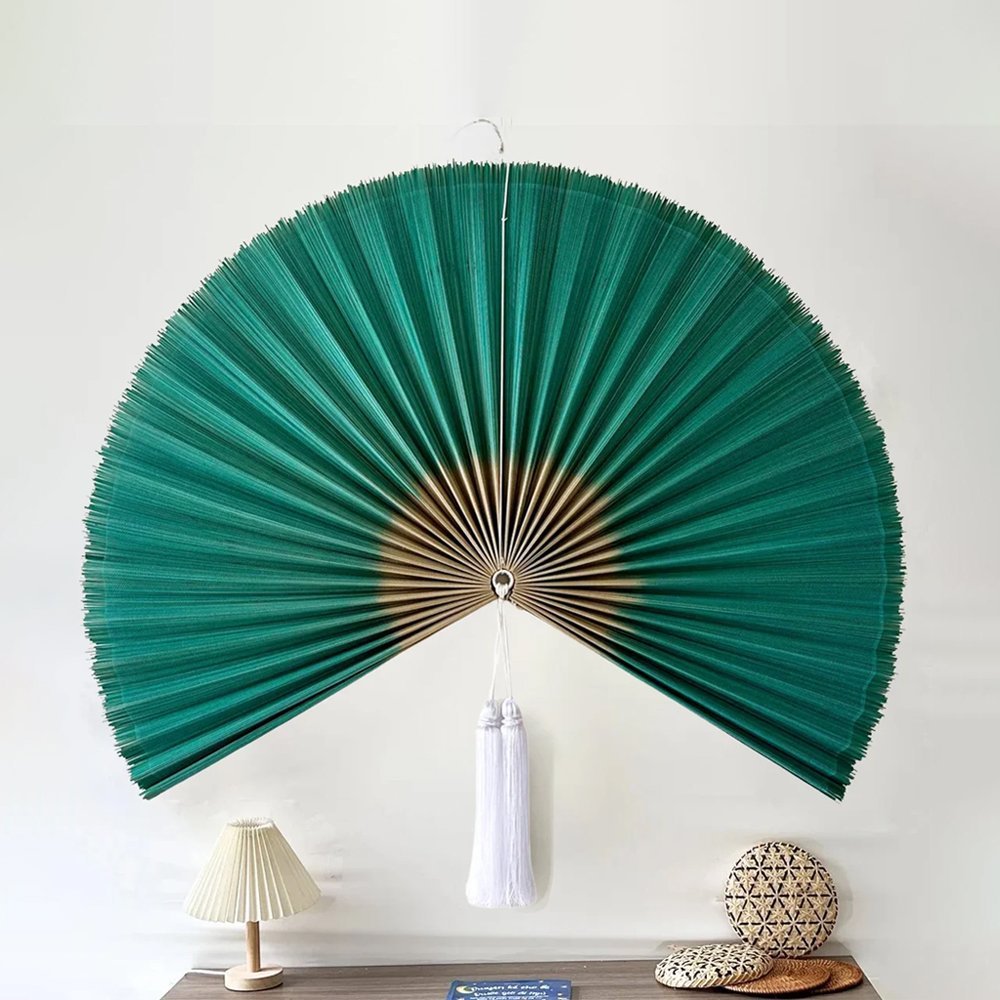 Bamboo Wall Fan Elegant Teal Bamboo Fan with Tassel for Home Decor Mainn