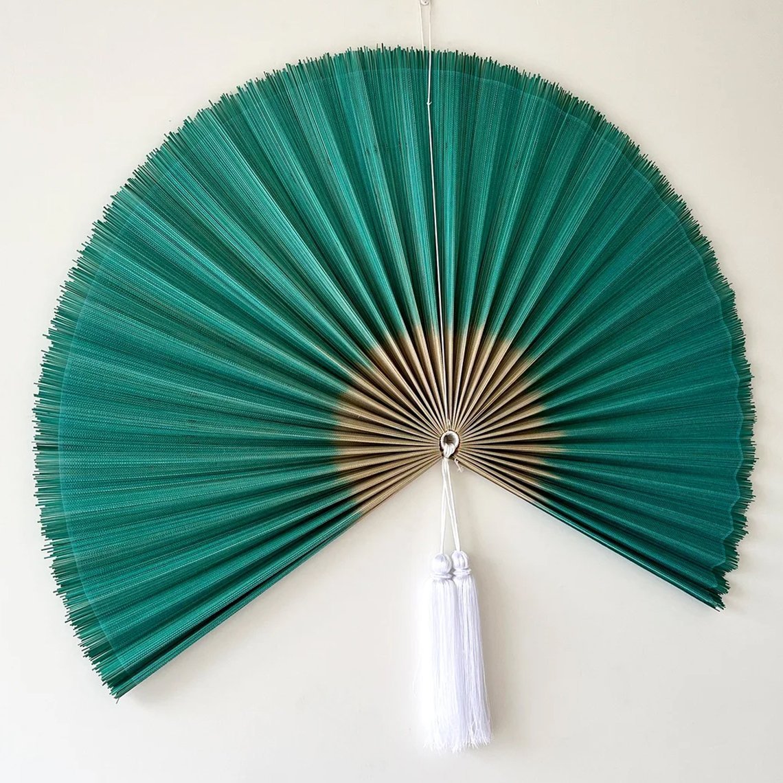 Bamboo Wall Fan Elegant Teal Bamboo Fan with Tassel for Home Decor1