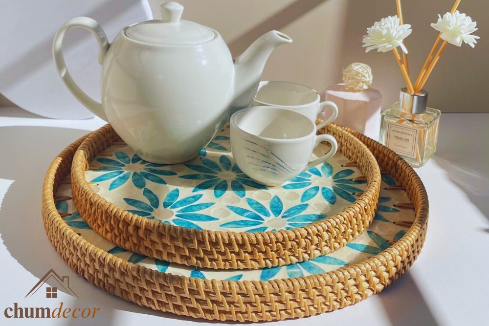 Blue Floral Mother of Pearl Rattan Tray Set