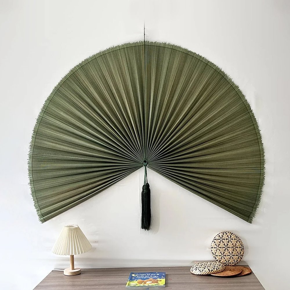 Boho Large Wall Fan Decor Green Wall Decorative Fans Handcrafted Bamboo Fan main