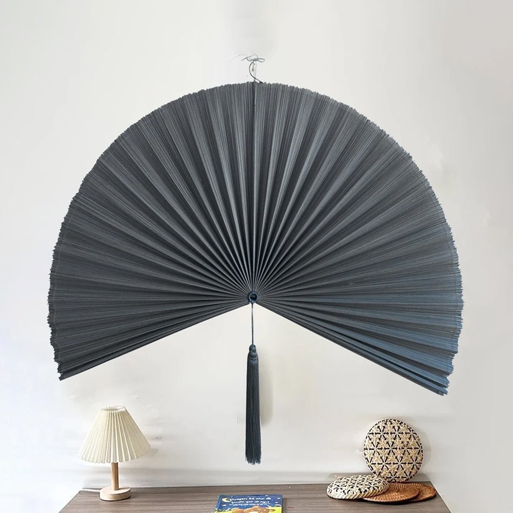 Chumdecor Dark Grey Bamboo Wall Fan Large Wicker Folding Fan Headboard Boho Over Bed Wall Decor Main