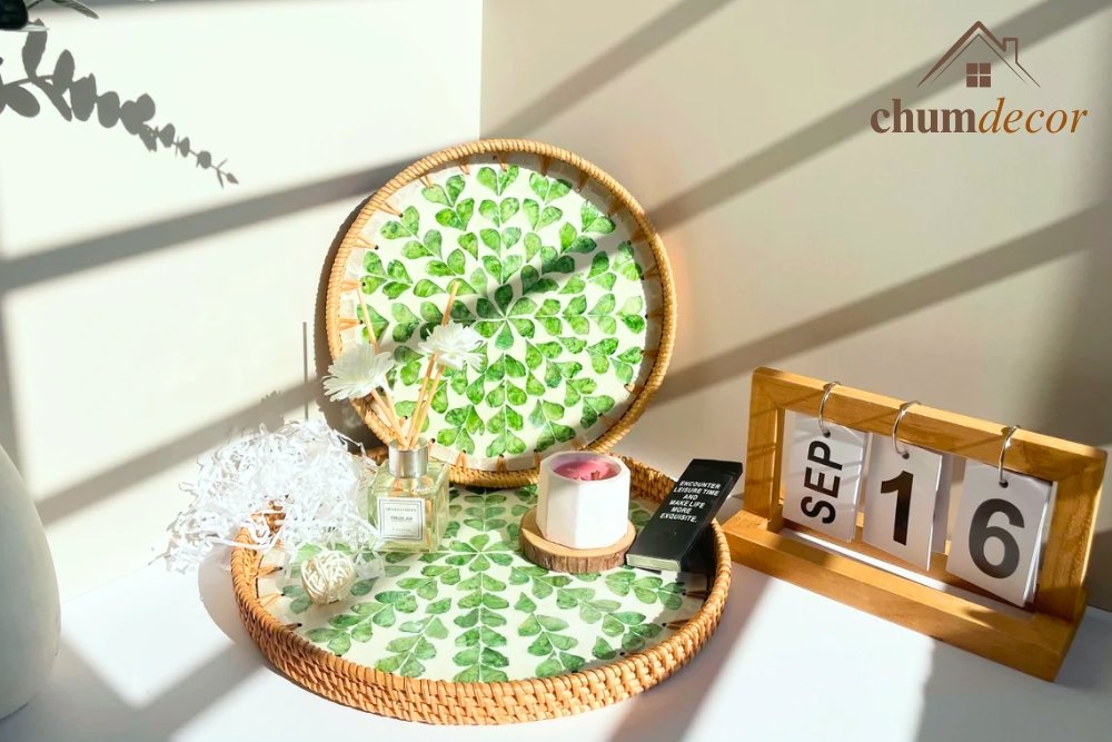 Green Vine Rattan Tray Set with Mother of Pearl