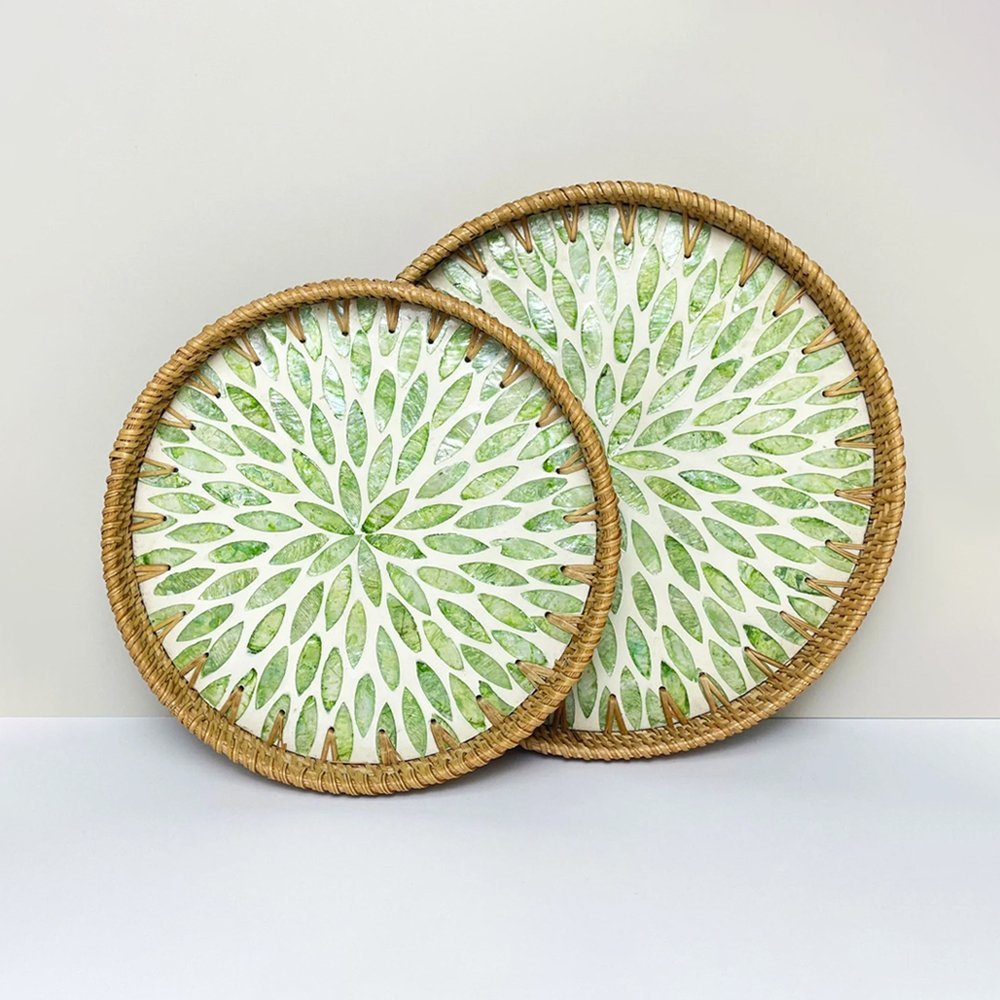Handmade Rattan Mother of Pearl Tray Round Decorative Tray Green Mainn