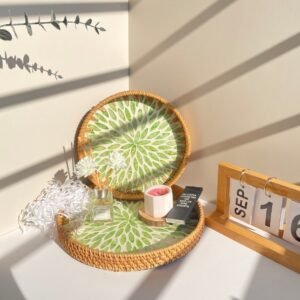 Handmade Rattan Mother of Pearl Tray – Round Decorative Tray Green2
