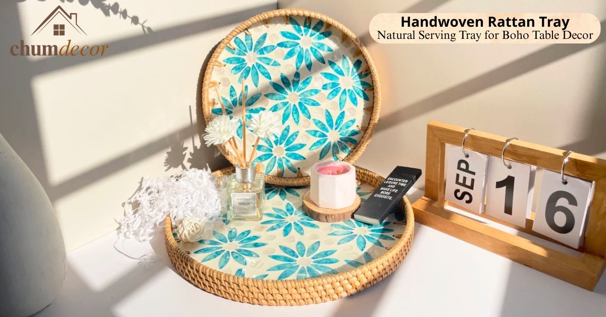 Handwoven Rattan Tray – Natural Serving Tray for Boho Table Decor