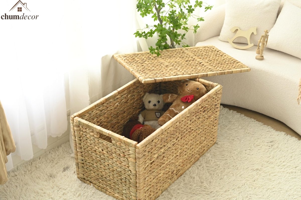 Large Wicker Storage Trunk Used for Toy Storage in a Bright Living Room Wicker storage trunk filled with stuffed animals and toys, placed beside a white couch in a bright family room.