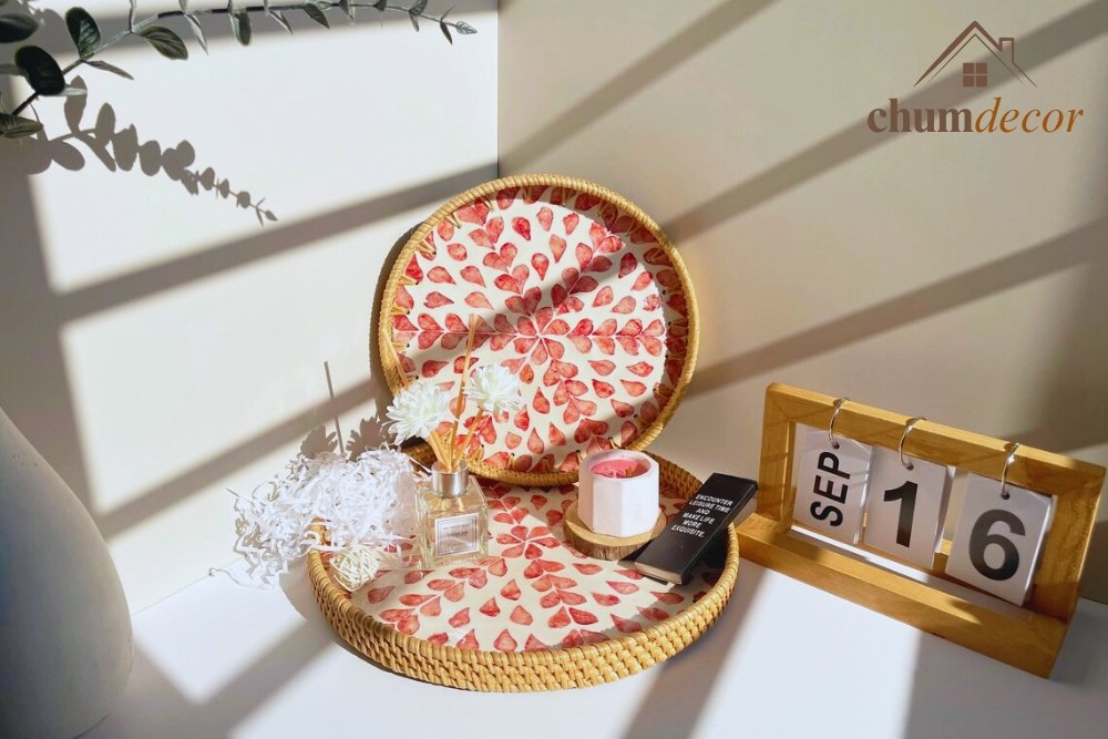 Pink Floral Round Rattan Tray