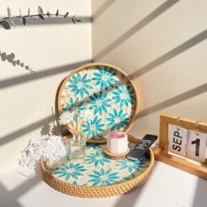 Round Rattan Mother of Pearl Tray Set Decorative Serving Trays Blue8