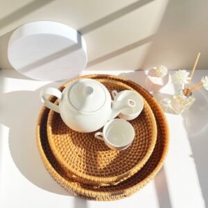 Round Rattan Serving Tray with Handles Natural Wicker Decorative Trays 4