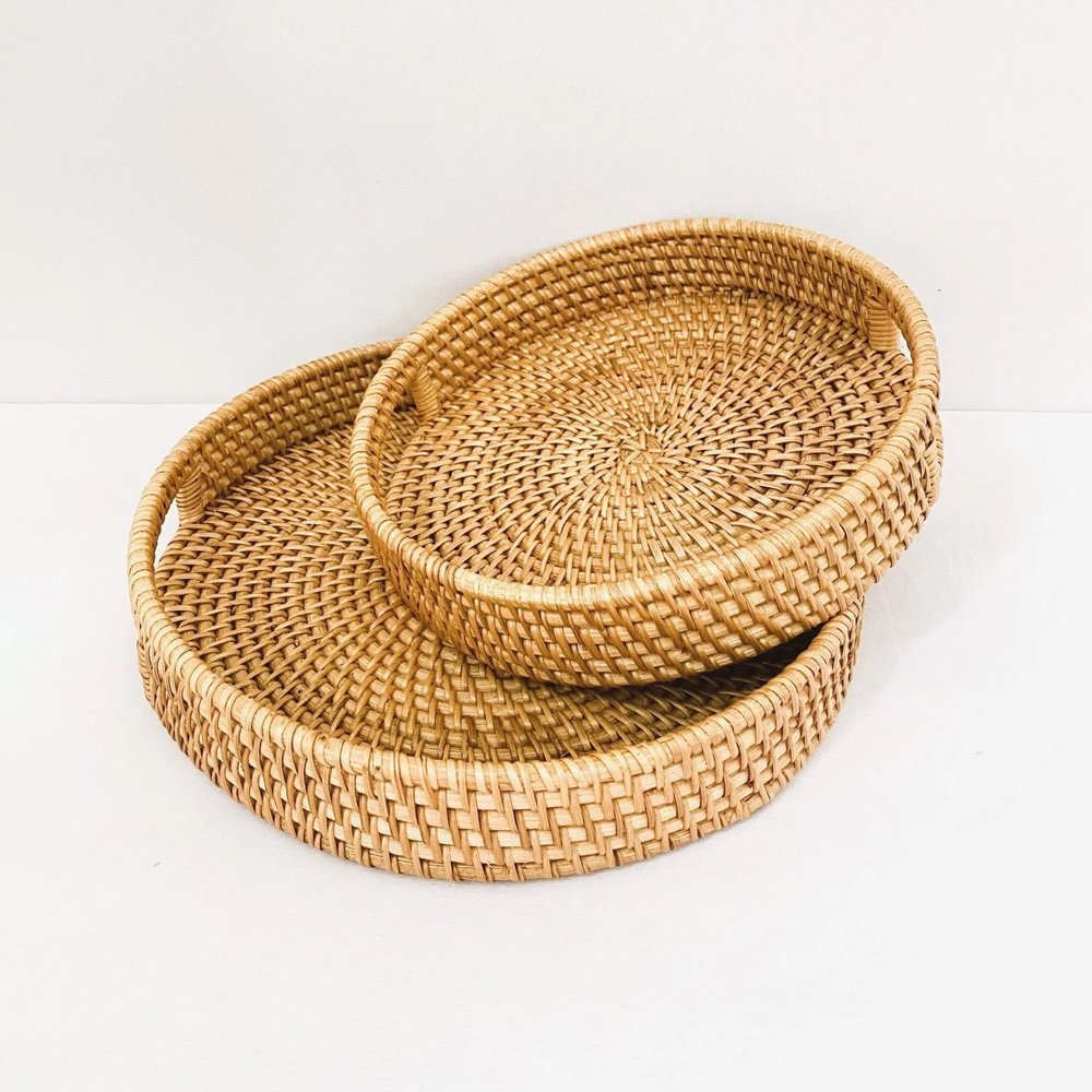 Round Rattan Serving Tray with Handles Natural Wicker Decorative Trays Main