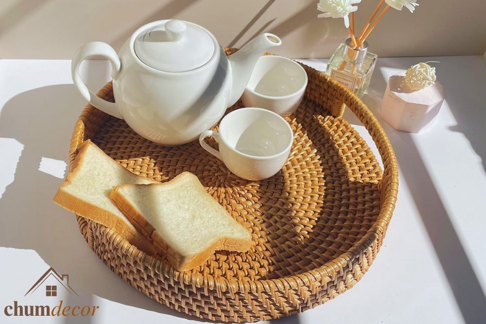 Round Rattan Serving Tray with Handles