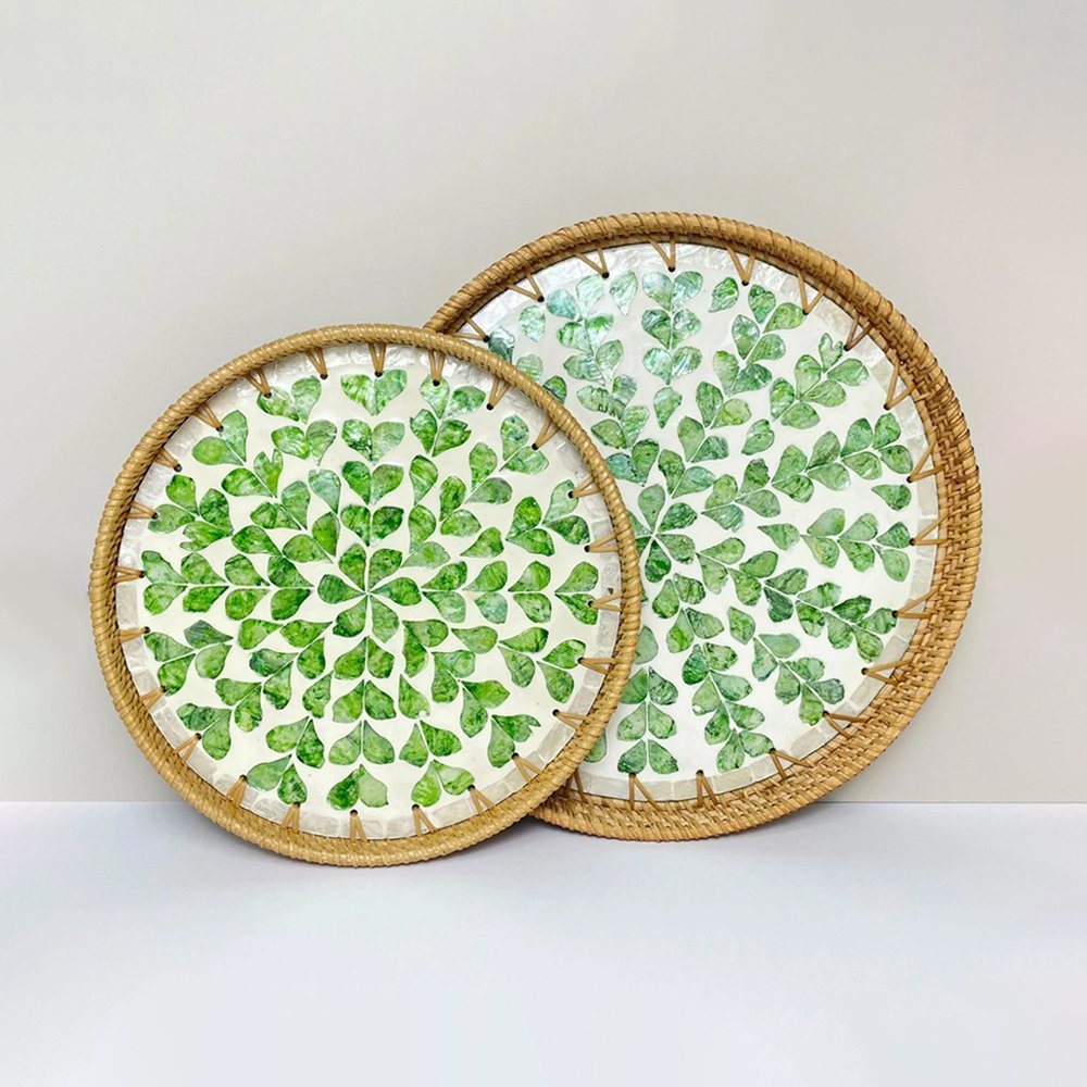 Round Rattan Tray with Mother of Pearl Inlay Boho Decor Serving Tray Green Mainn