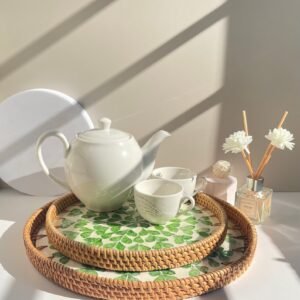 Round Rattan Tray with Mother of Pearl Inlay Boho Decor Serving Tray Green4