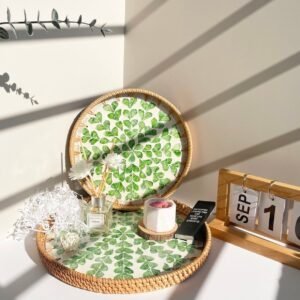 Round Rattan Tray with Mother of Pearl Inlay Boho Decor Serving Tray Green6