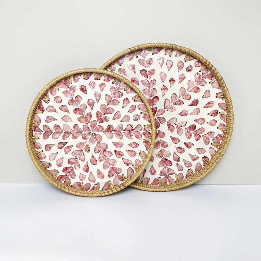 Round Rattan Tray with Mother of Pearl Inlay Pink Floral Set Decorative Set Main