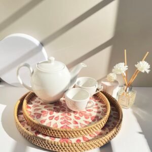 Round Rattan Tray with Mother of Pearl Inlay Pink Floral Set Decorative Set4