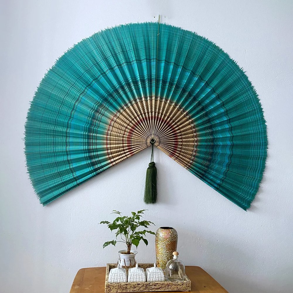 Rustic Fan Wall Decor Handmade Turquoise Bamboo Wall Fan with Tassel for Home Decoration Main