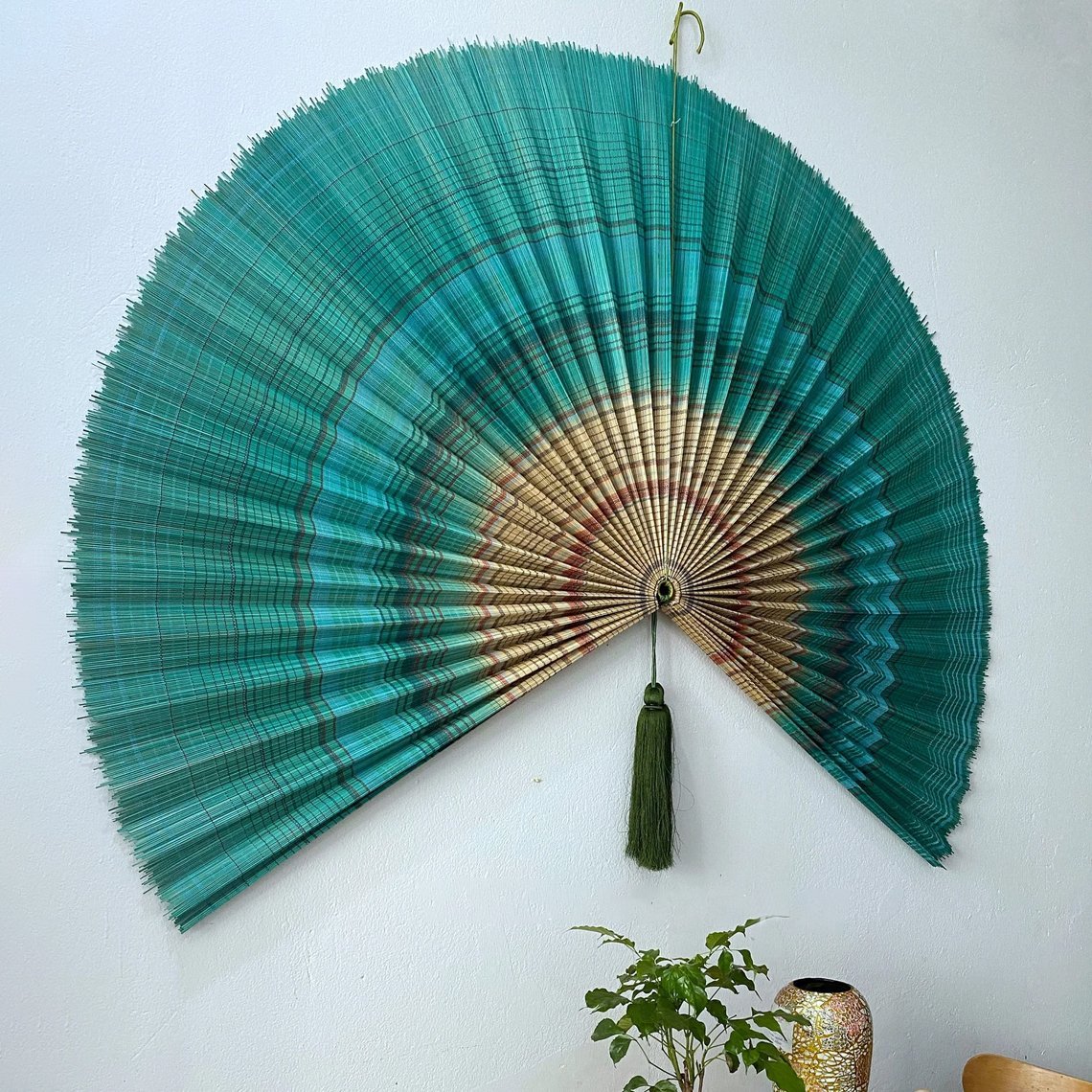 Rustic Fan Wall Decor Handmade Turquoise Bamboo Wall Fan with Tassel for Home Decoration1
