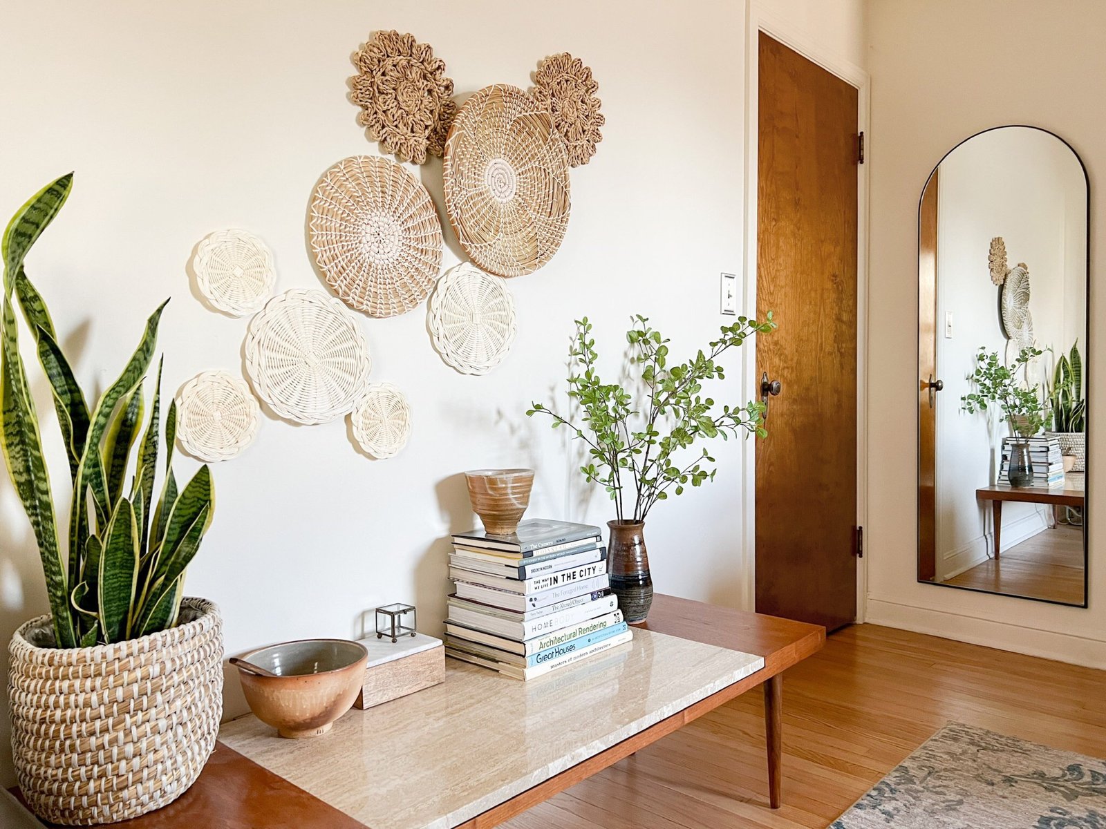 Soft Neutrals with Boho Basket Wall Decor in an Airy Entryway Soft Neutrals with Boho Basket Wall Decor in an Airy Entryway