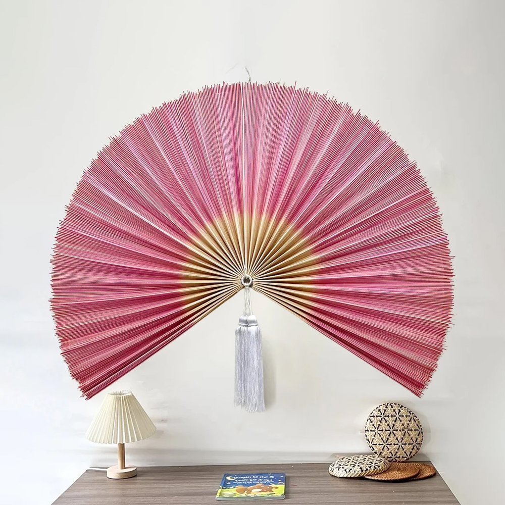 Wall Fan Decor Bamboo Decorative Fans Handcrafted Bamboo Fan Pink Main