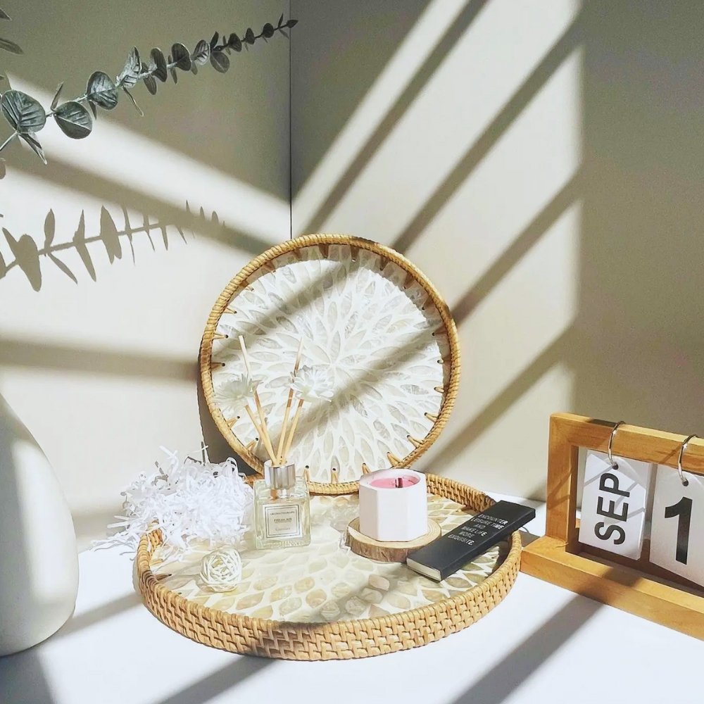 White Mandala Mother of Pearl Tray Handmade Rattan Serving Trays 3