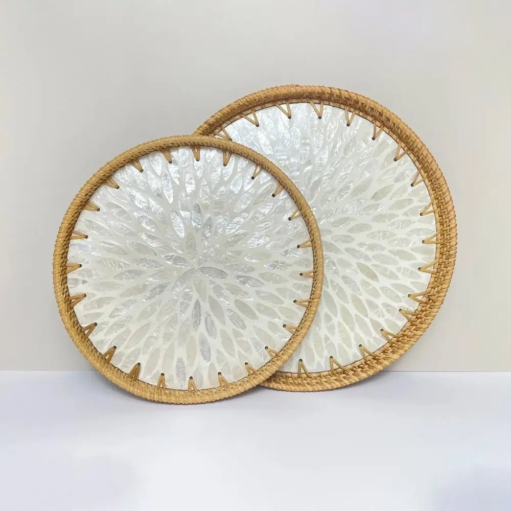 White Mandala Mother of Pearl Tray Handmade Rattan Serving Trays