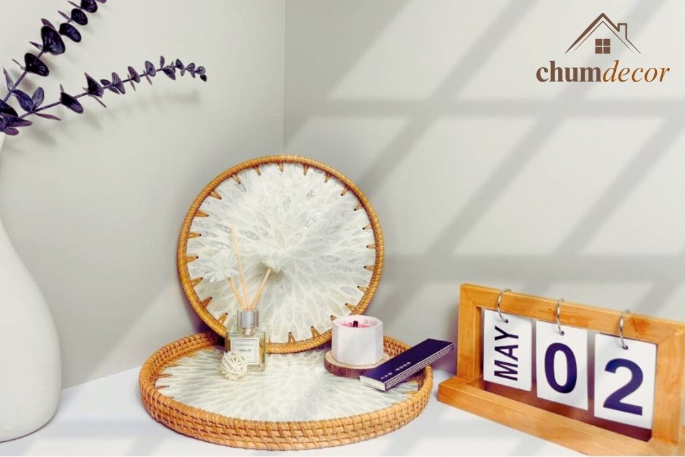 White Mandala Mother of Pearl Wicker Trays Round