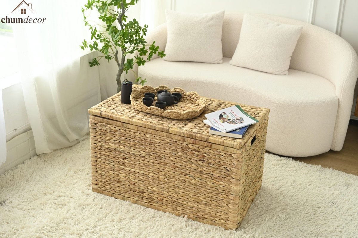 Wicker Storage Trunk as a Coffee Table with Books and Tea Set Wicker storage trunk used as a coffee table with a tea set, books, and a woven tray on top.