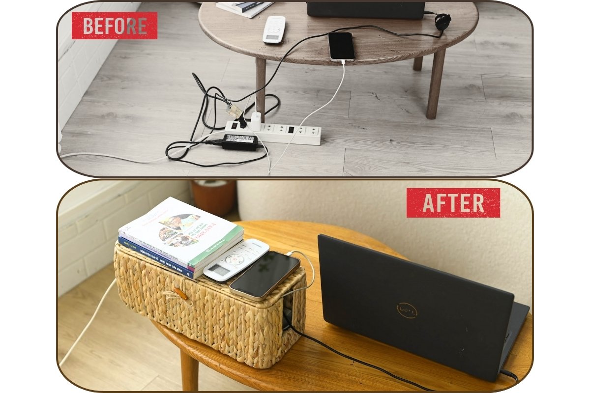 A handwoven cable management boxes placed near a desk setup, safely concealing power strips and cords to prevent risks for children and pets.