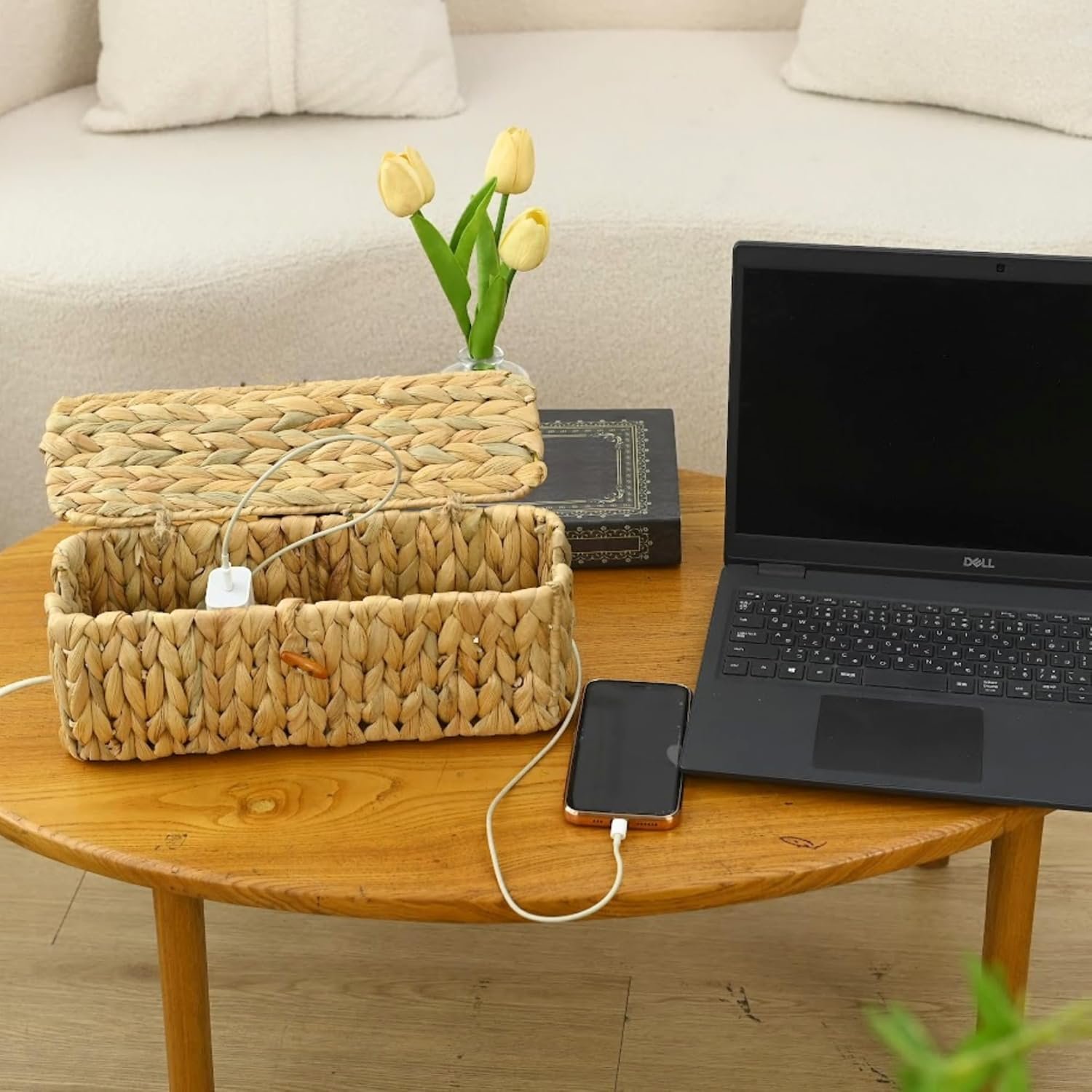 Wicker Cable Management Box with Lid Decor