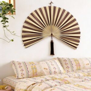 ChumDecor Large decorative bamboo wall fan hanging above a bed handmade wall decor for modern bedroom
