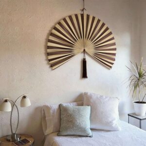 Large decorative bamboo wall fan hanging above a bed handmade wall decor for modern bedroom Chumdecor Brand