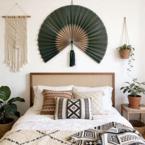 Boho Bedroom Wall Decor with Large Green Bamboo Fan