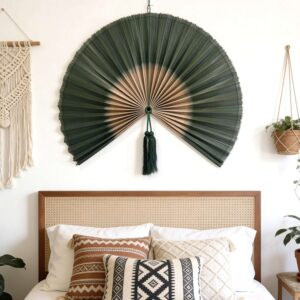 Dark Green Bamboo Wall Fan Art for Bedroom Decor