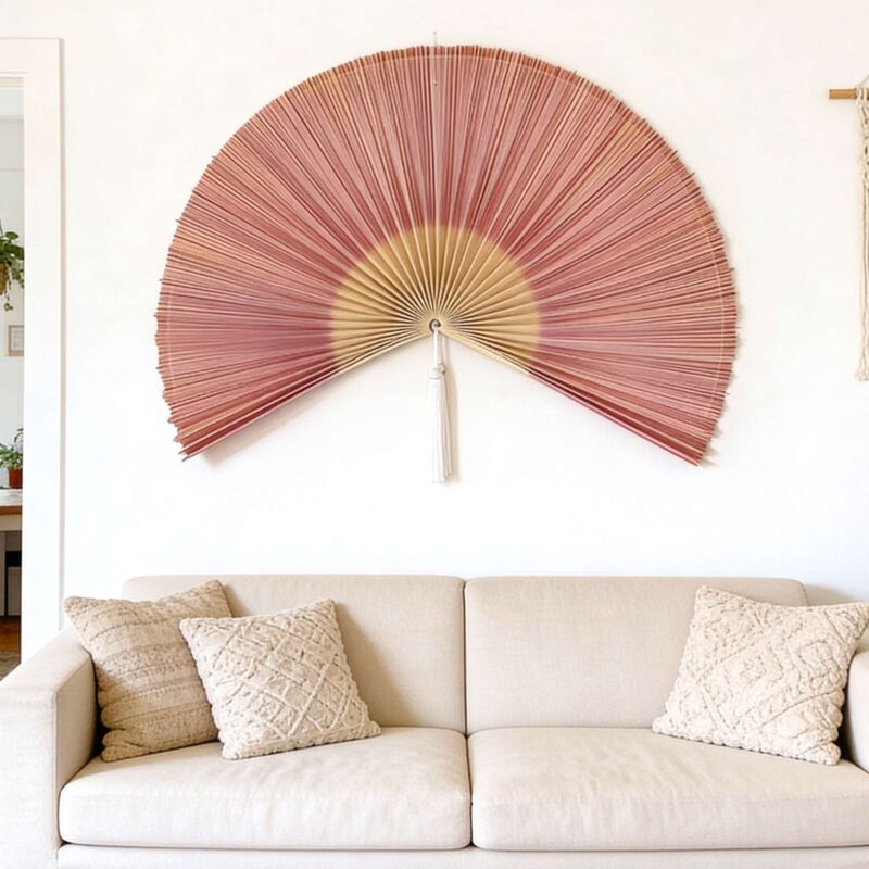 Large Pink Wall Fan Decor Handmade Bamboo Art – Made in Vietnam