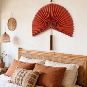 Large bamboo wall fan decor above rattan bed in boho bedroom