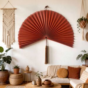 Large bamboo wall fan decor in terracotta clay above sofa in boho livingroom