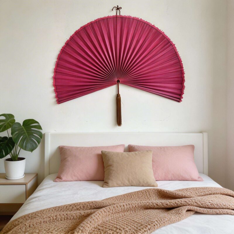 Pink Bamboo Wall Fan Above Bed – Bedroom Wall Decor