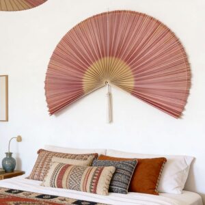 Pink Wall Fan Decor Above Bed – Large RedPink Bamboo Art