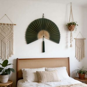 dark moss green bamboo wall fan bedroom decor