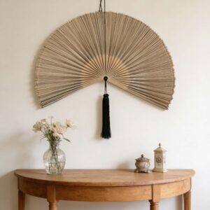 Oversized Bamboo Wall Fan Decor Above Console Table