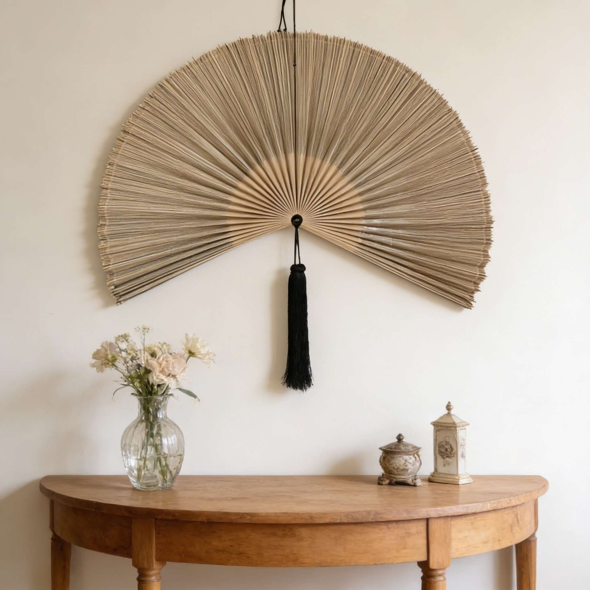 Oversized Bamboo Wall Fan Decor Above Console Table