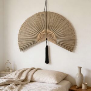 Oversized Natural Bamboo Wall Fan Above Bed Bedroom Decor